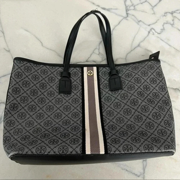 Tory Burch T Monogram Small Coated Canvas Tote In Black/gold - Picture 2 of 7